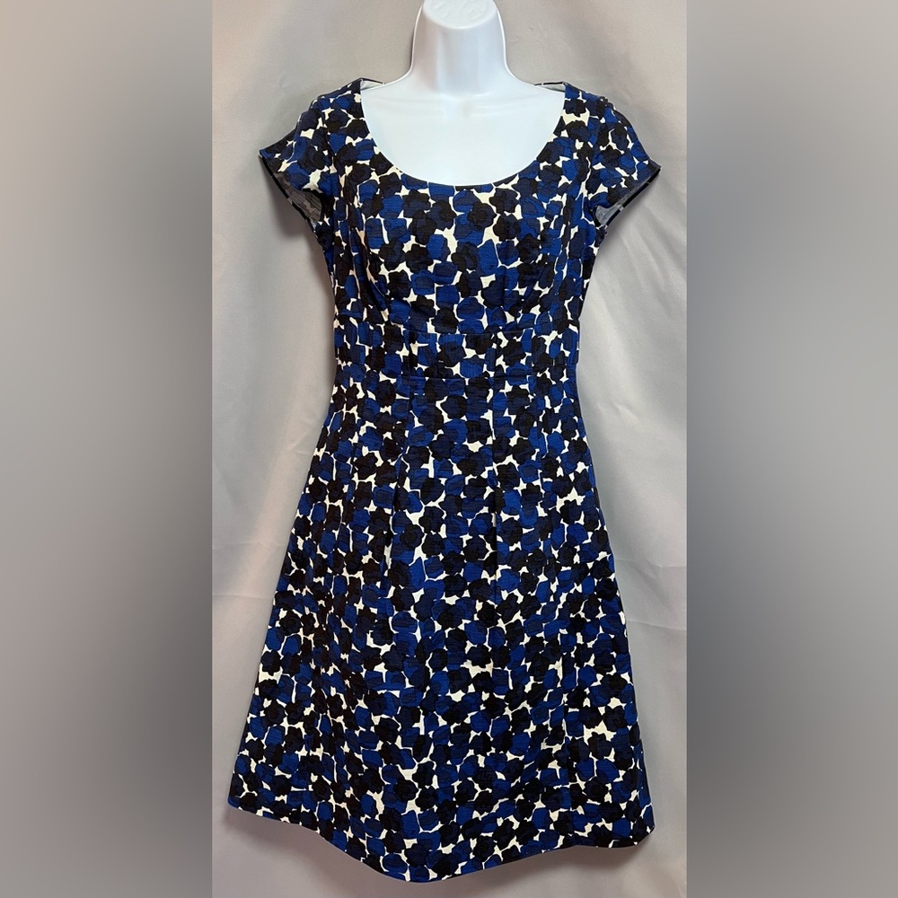 Boden‎ Blue Floral Dress 4R Women's Cap Sleeve Cotton Midi Belted